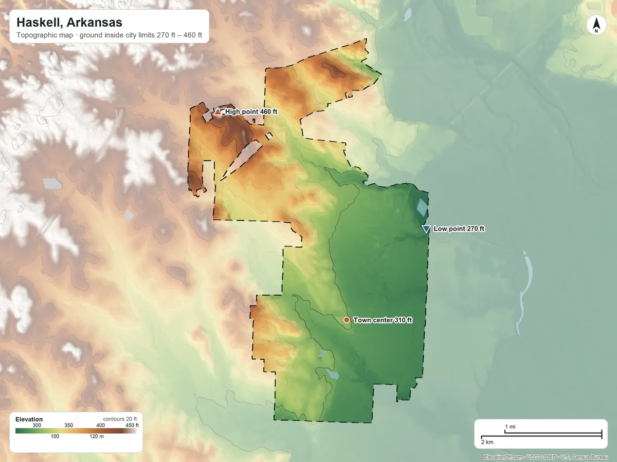 Topographic elevation map of Haskell, Arkansas, shaded from 270 ft on the northeast side to 460 ft on the northwest side