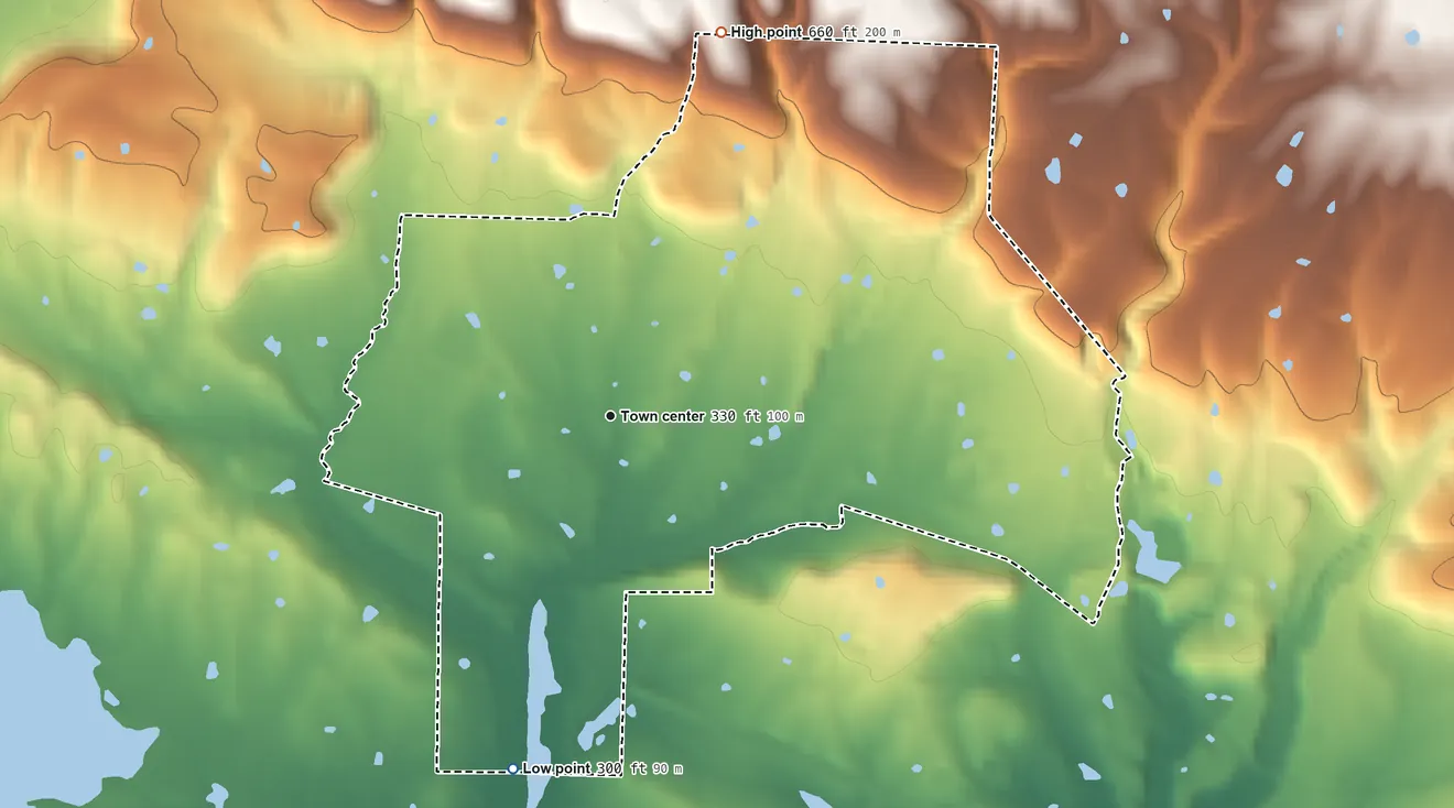 Topographic elevation map of Hattieville, Arkansas, shaded from 300 ft on the south side to 660 ft on the north side
