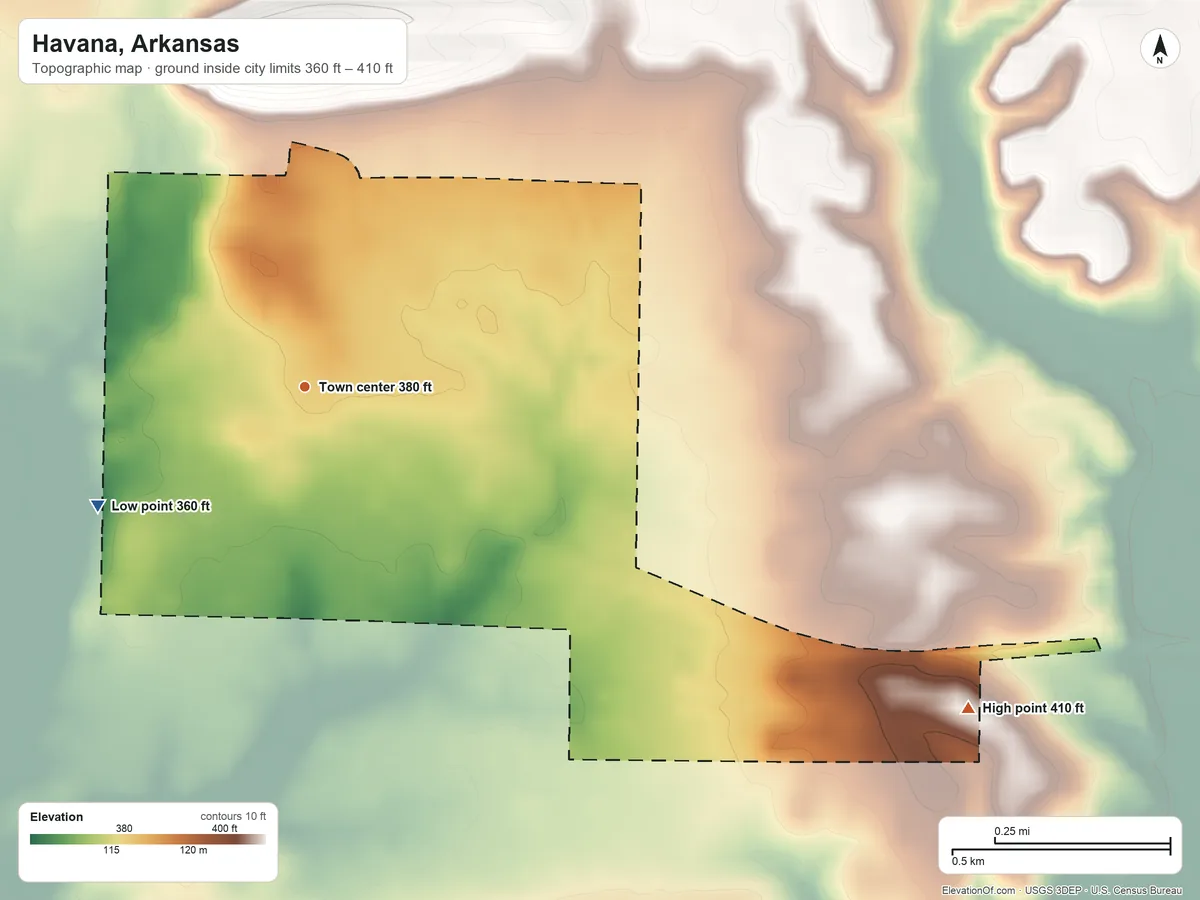Topographic elevation map of Havana, Arkansas, shaded from 360 ft on the southwest side to 410 ft on the southeast side