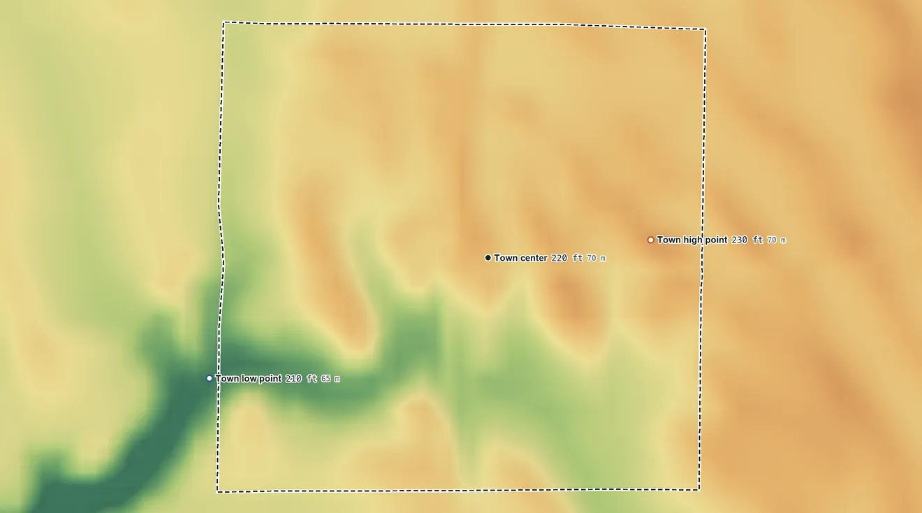 Topographic elevation map of Haynes, Arkansas, shaded from 210 ft on the southwest side to 230 ft on the east side