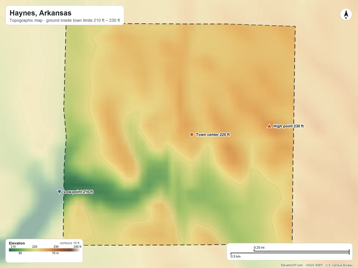 Topographic elevation map of Haynes, Arkansas, shaded from 210 ft on the southwest side to 230 ft on the east side