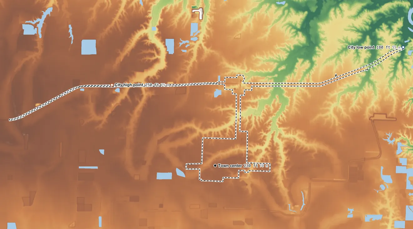 Topographic elevation map of Hazen, Arkansas, shaded from 180 ft on the northeast side to 250 ft on the northwest side