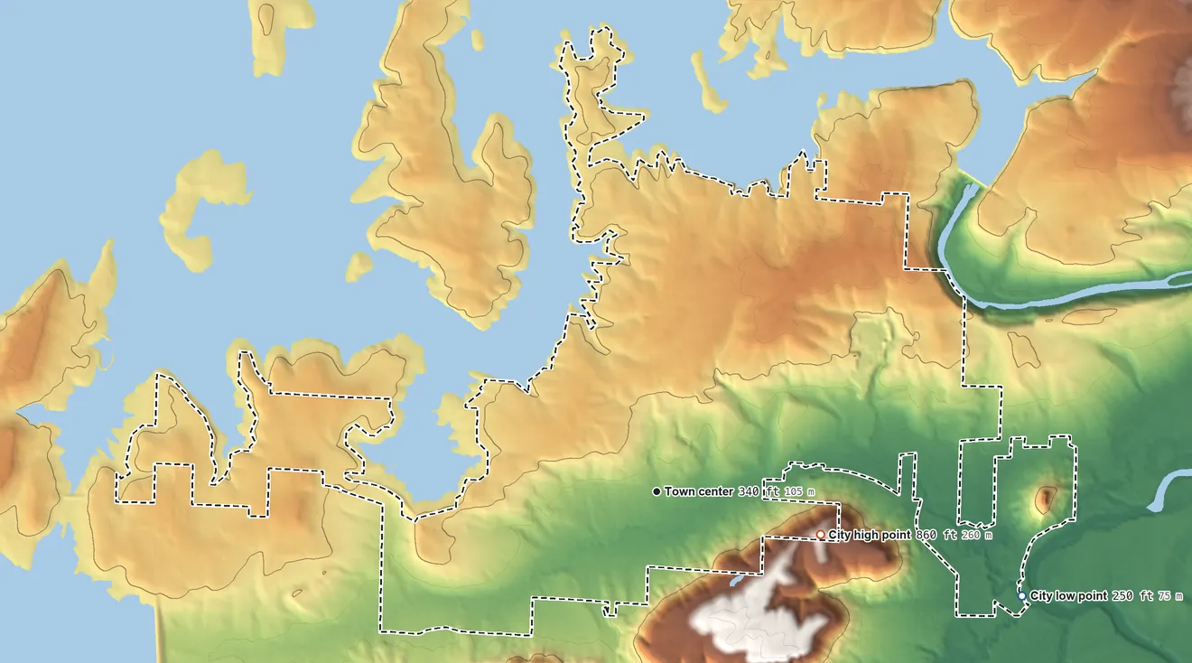 Topographic elevation map of Heber Springs, Arkansas, shaded from 250 ft on the east side to 860 ft on the east side