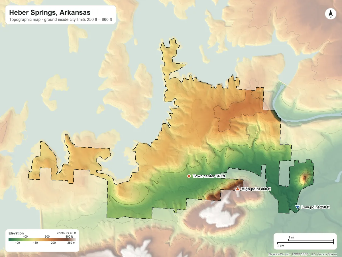 Topographic elevation map of Heber Springs, Arkansas, shaded from 250 ft on the east side to 860 ft on the east side