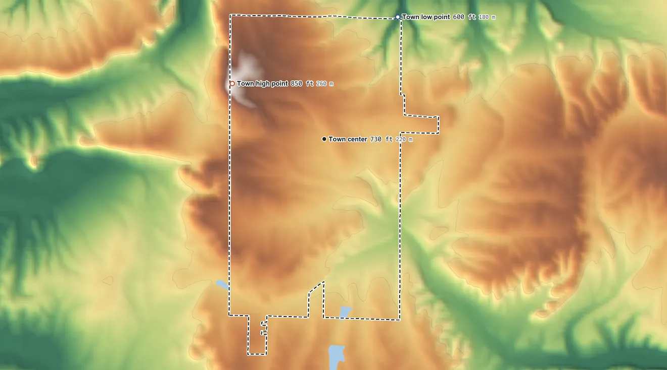 Topographic elevation map of Hector, Arkansas, shaded from 600 ft on the northeast side to 850 ft on the northwest side