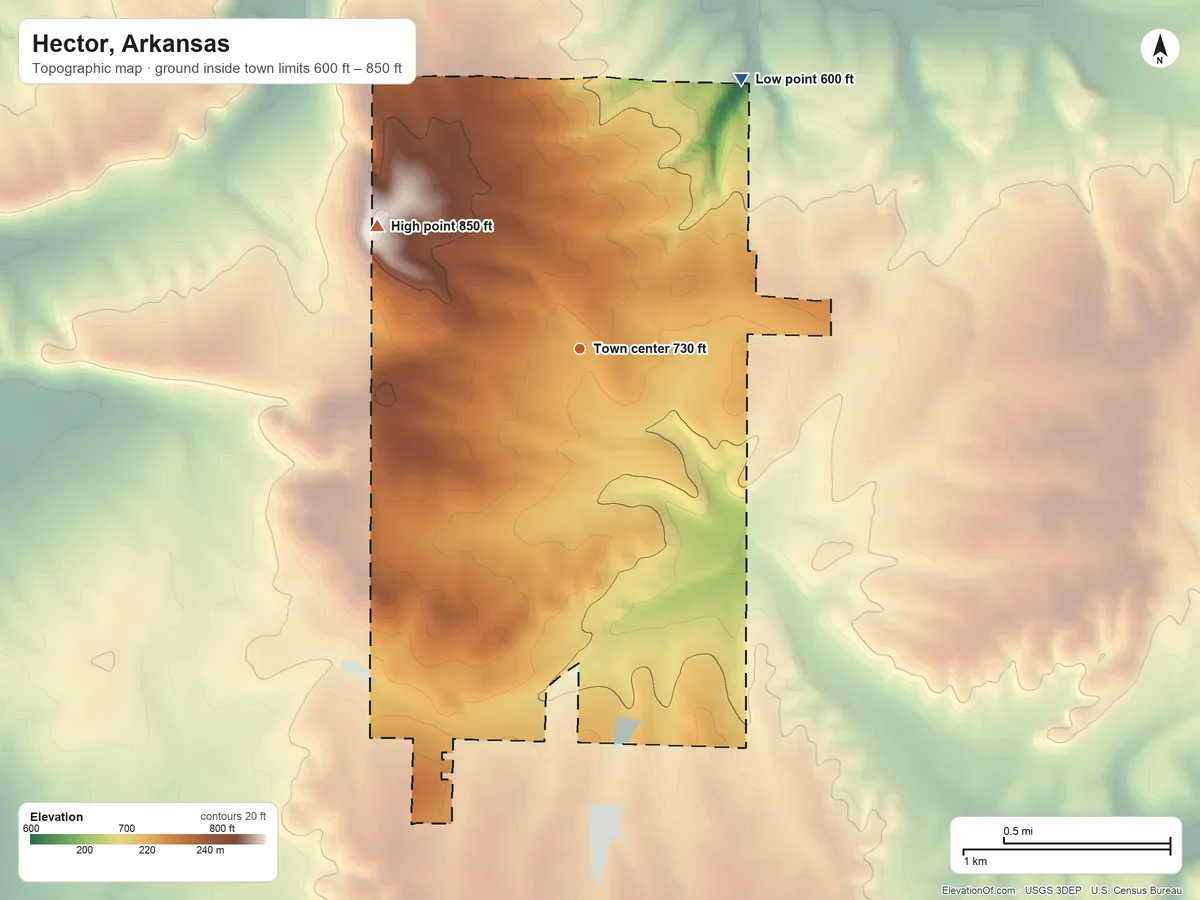 Topographic elevation map of Hector, Arkansas, shaded from 600 ft on the northeast side to 850 ft on the northwest side