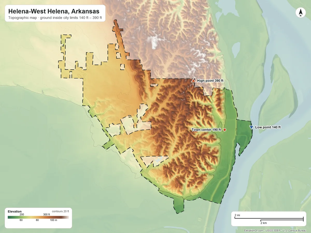 Topographic elevation map of Helena-West Helena, Arkansas, shaded from 140 ft near the middle to 390 ft on the northwest side