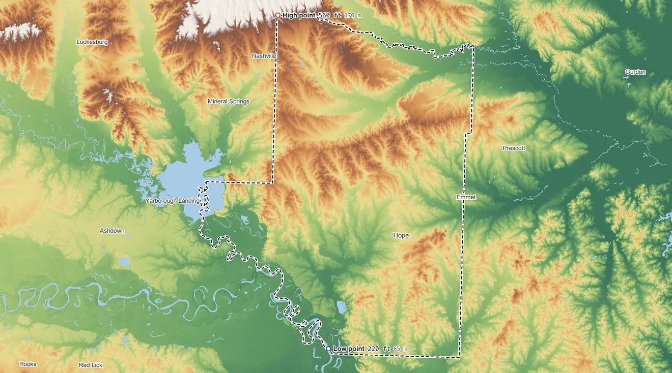 Topographic elevation map of Hempstead County, Arkansas, shaded from 220 ft on the south side to 560 ft on the north side