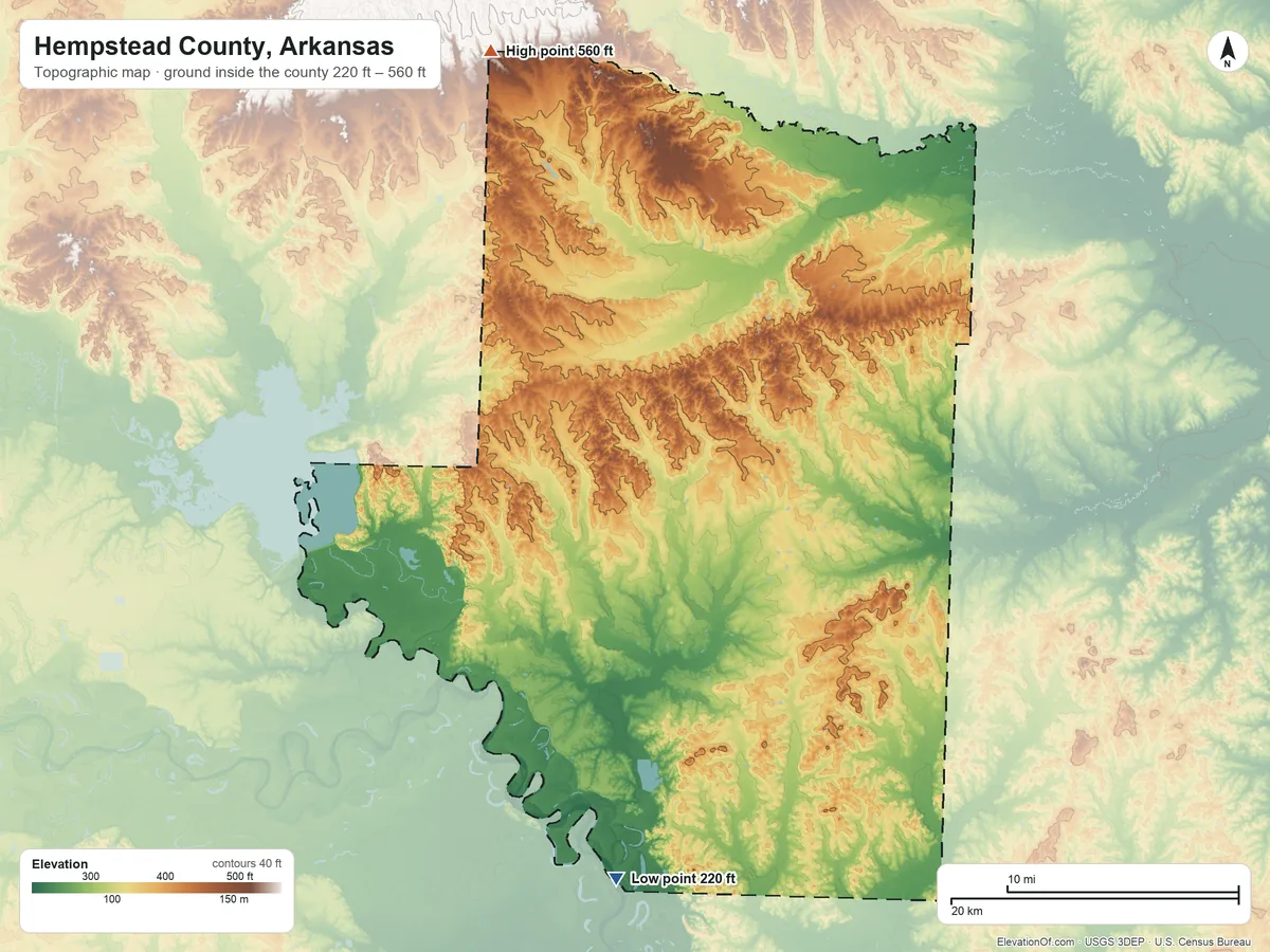 Topographic elevation map of Hempstead County, Arkansas, shaded from 220 ft on the south side to 560 ft on the north side