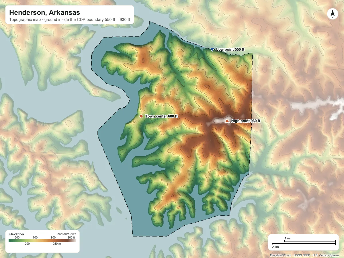 Topographic elevation map of Henderson, Arkansas, shaded from 550 ft on the northeast side to 930 ft on the east side