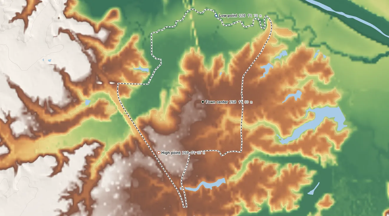 Topographic elevation map of Hensley, Arkansas, shaded from 220 ft on the north side to 260 ft on the southwest side