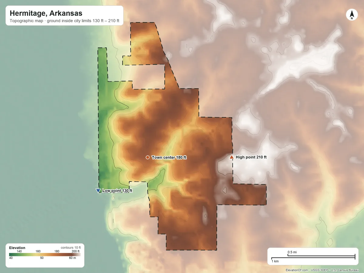 Topographic elevation map of Hermitage, Arkansas, shaded from 130 ft on the southwest side to 210 ft on the east side