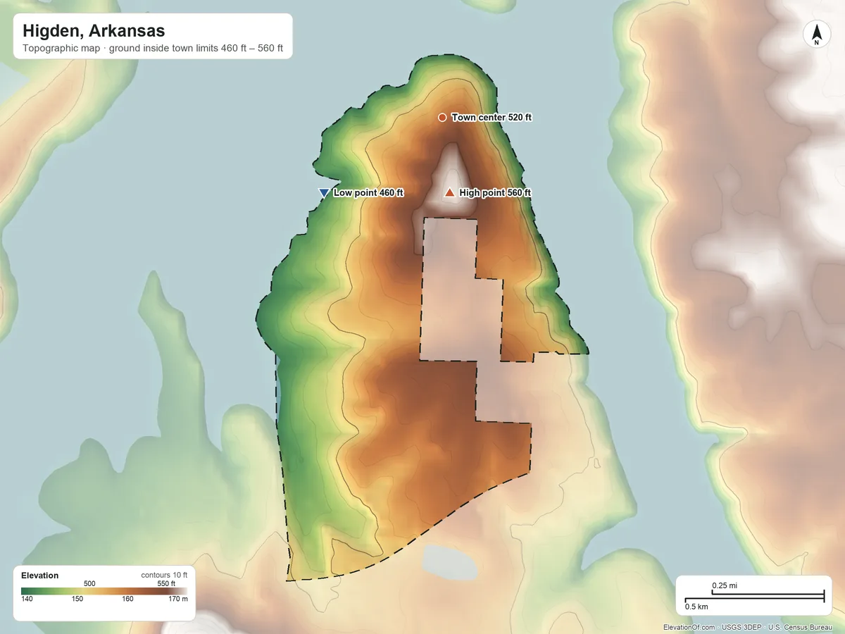Topographic elevation map of Higden, Arkansas, shaded from 460 ft on the southwest side to 560 ft on the south side