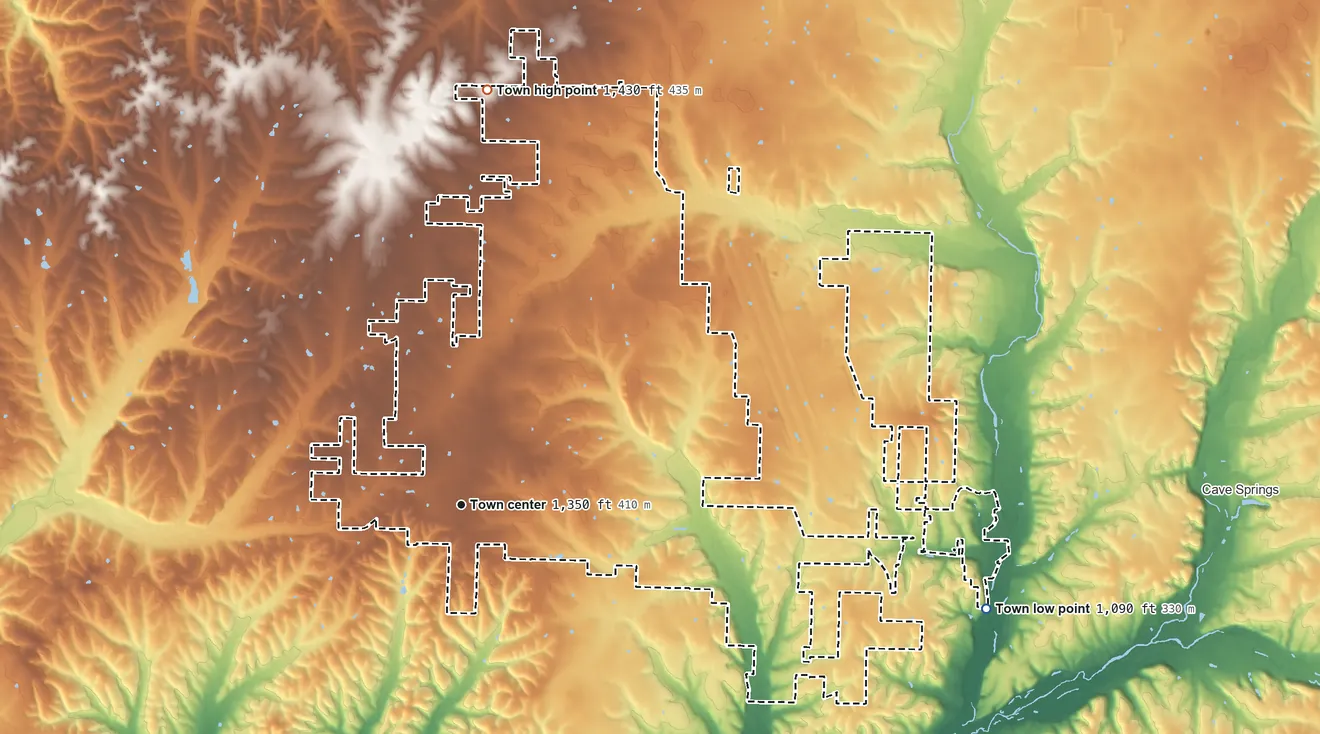 Topographic elevation map of Highfill, Arkansas, shaded from 1,090 ft on the east side to 1,430 ft on the north side