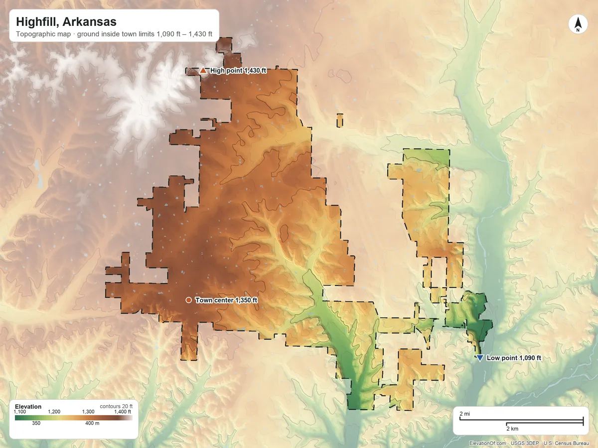 Topographic elevation map of Highfill, Arkansas, shaded from 1,090 ft on the east side to 1,430 ft on the north side