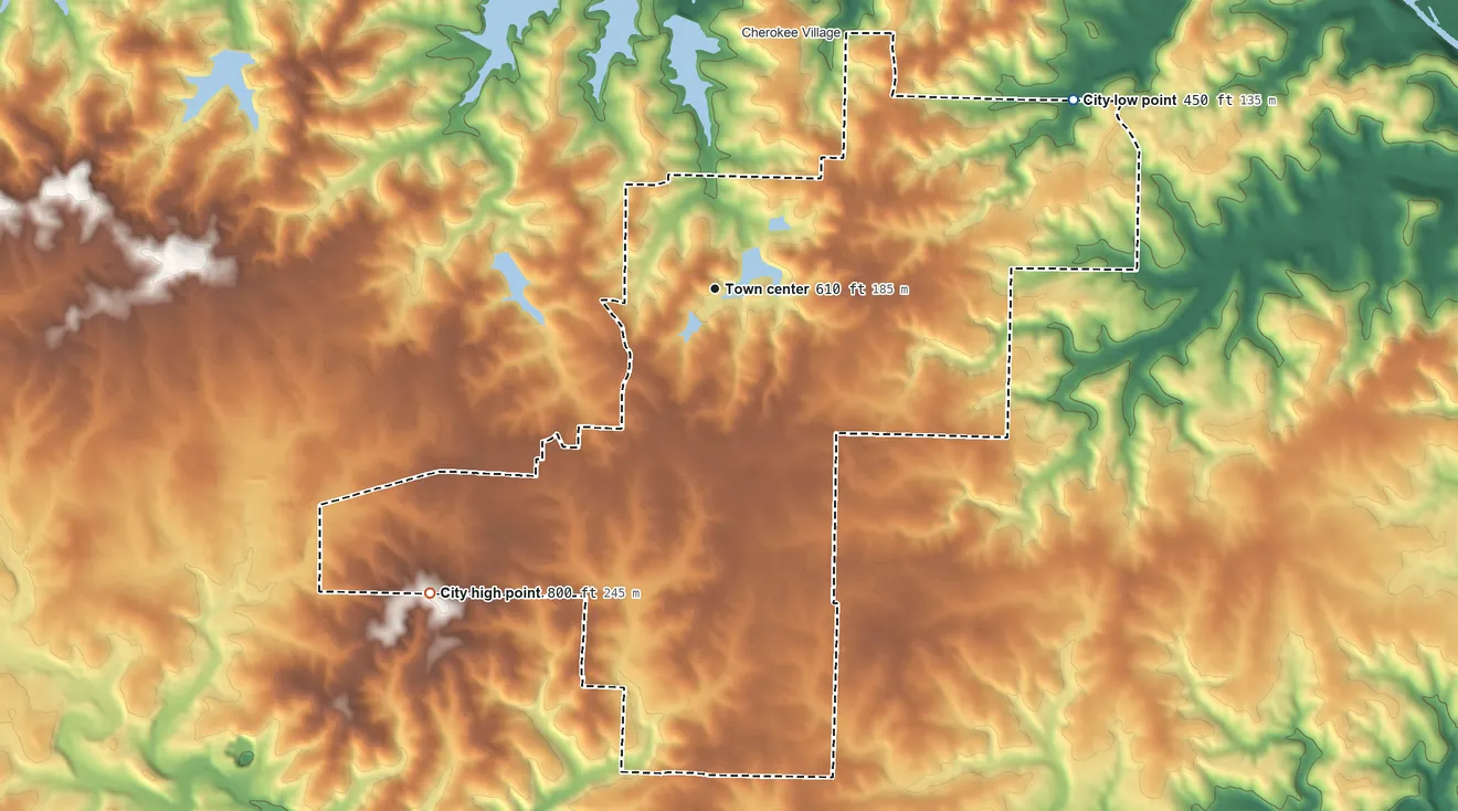 Topographic elevation map of Highland, Arkansas, shaded from 450 ft on the northeast side to 800 ft on the southwest side