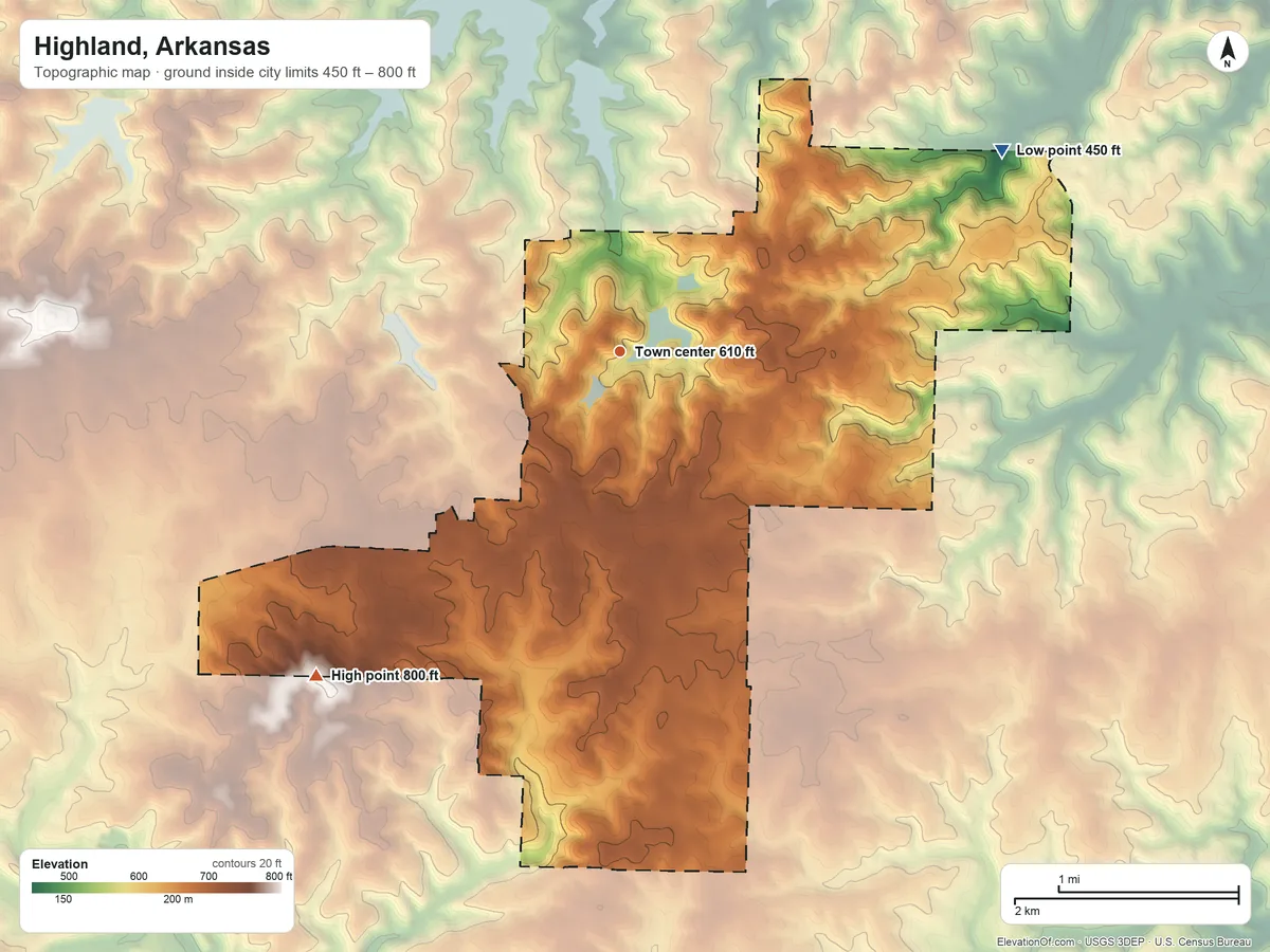 Topographic elevation map of Highland, Arkansas, shaded from 450 ft on the northeast side to 800 ft on the southwest side