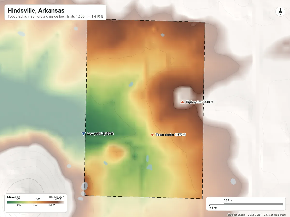 Topographic elevation map of Hindsville, Arkansas, shaded from 1,350 ft on the west side to 1,410 ft on the northeast edge, below higher ground just outside