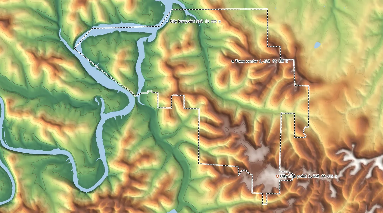 Topographic elevation map of Holiday Island, Arkansas, shaded from 910 ft on the northwest side to 1,560 ft on the south side