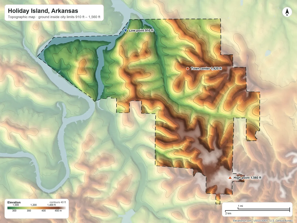 Topographic elevation map of Holiday Island, Arkansas, shaded from 910 ft on the northwest side to 1,560 ft on the south side