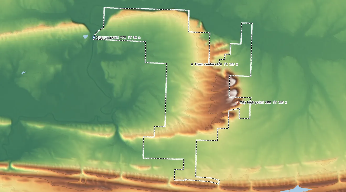 Topographic elevation map of Holland, Arkansas, shaded from 270 ft on the west side to 600 ft on the southeast side