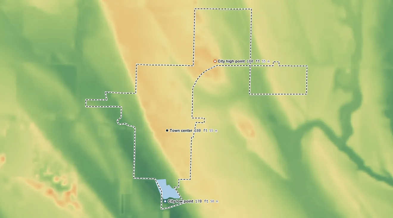 Topographic elevation map of Holly Grove, Arkansas, shaded from 170 ft on the south side to 180 ft on the northeast side