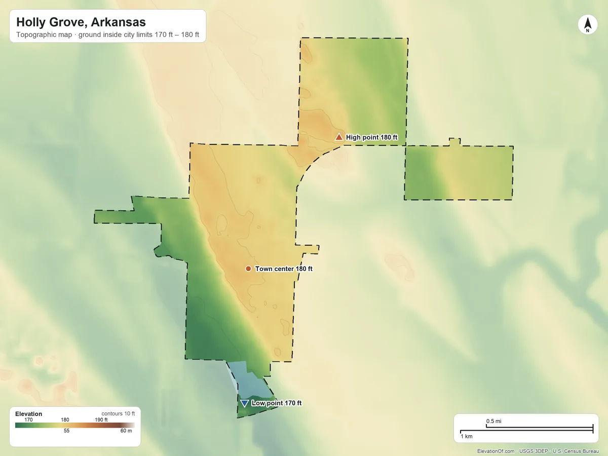 Topographic elevation map of Holly Grove, Arkansas, shaded from 170 ft on the south side to 180 ft on the northeast side