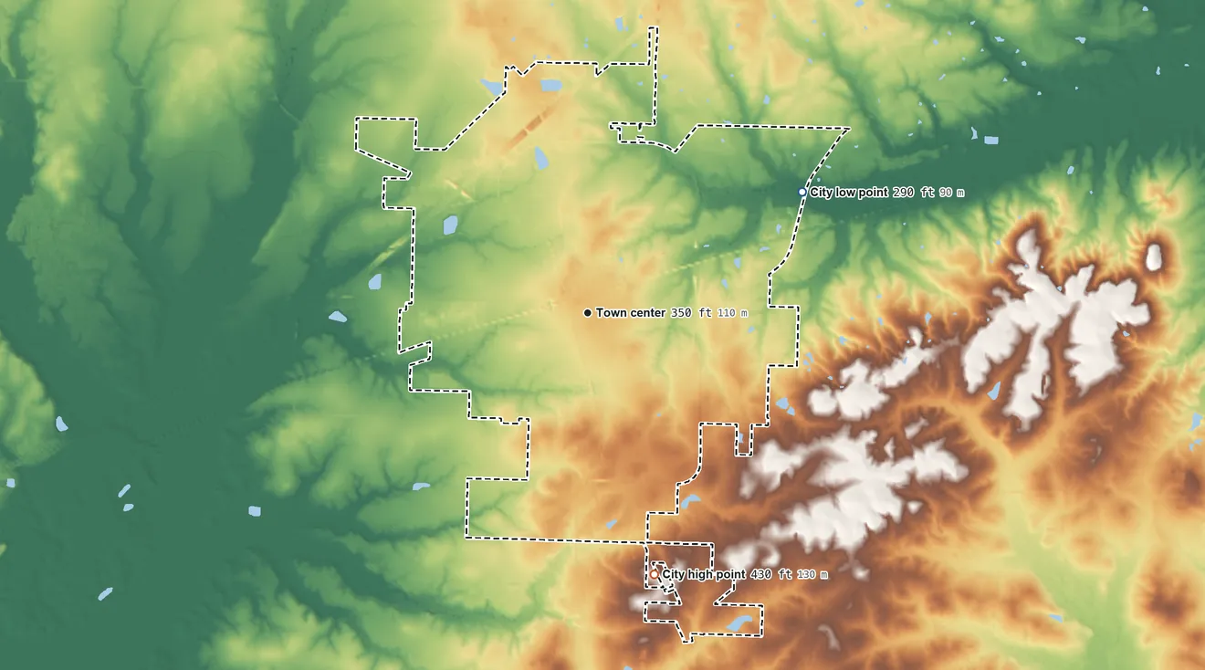 Topographic elevation map of Hope, Arkansas, shaded from 290 ft on the northeast side to 430 ft on the south side
