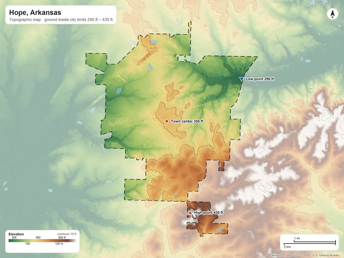 Topographic elevation map of Hope, Arkansas, shaded from 290 ft on the northeast side to 430 ft on the south side