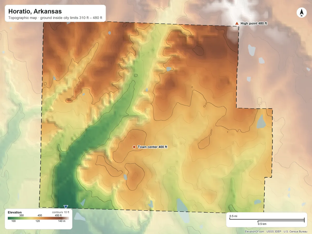 Topographic elevation map of Horatio, Arkansas, shaded from 310 ft on the southwest side to 480 ft on the northeast side