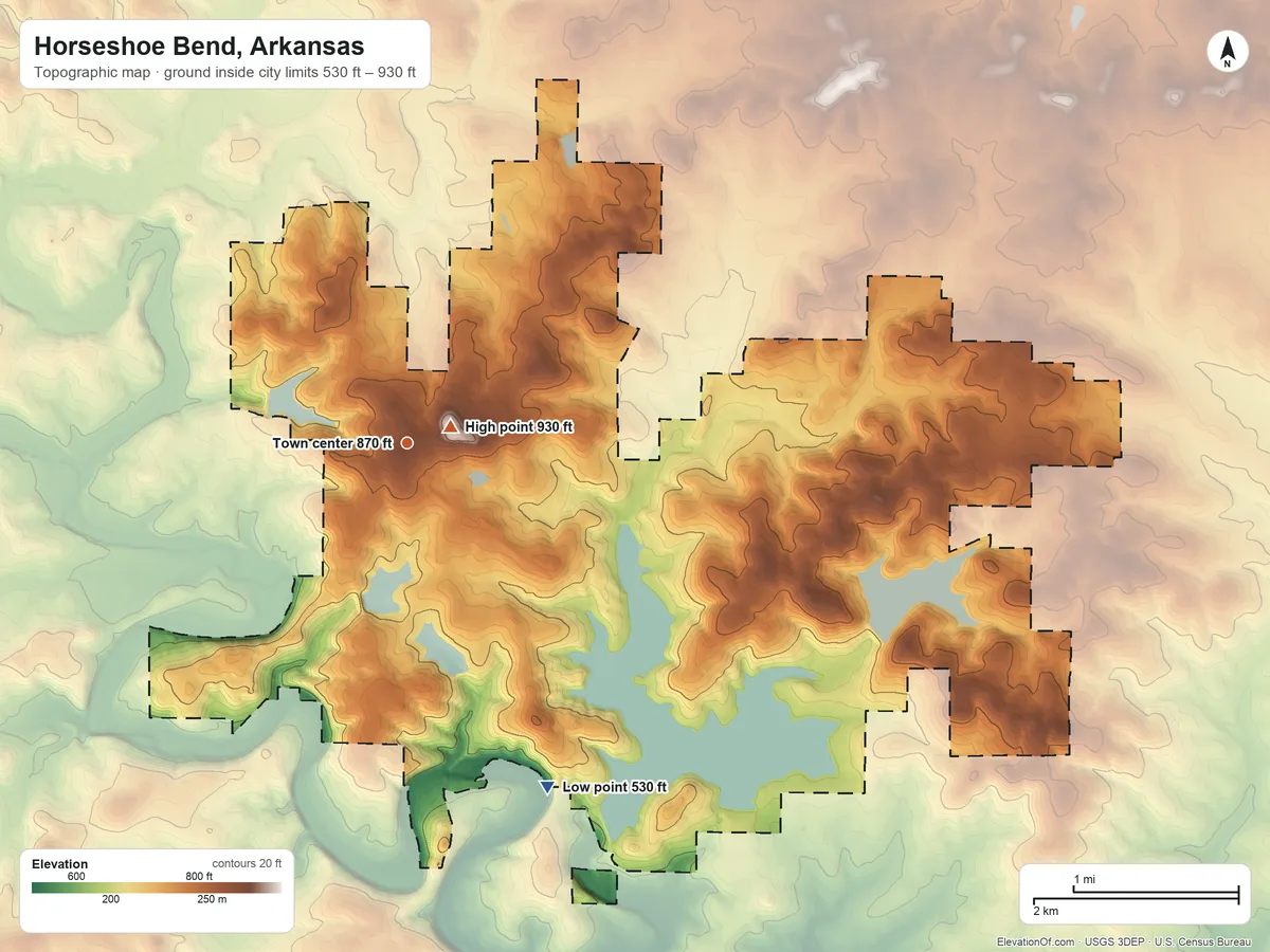 Topographic elevation map of Horseshoe Bend, Arkansas, shaded from 530 ft on the south side to 930 ft near the middle
