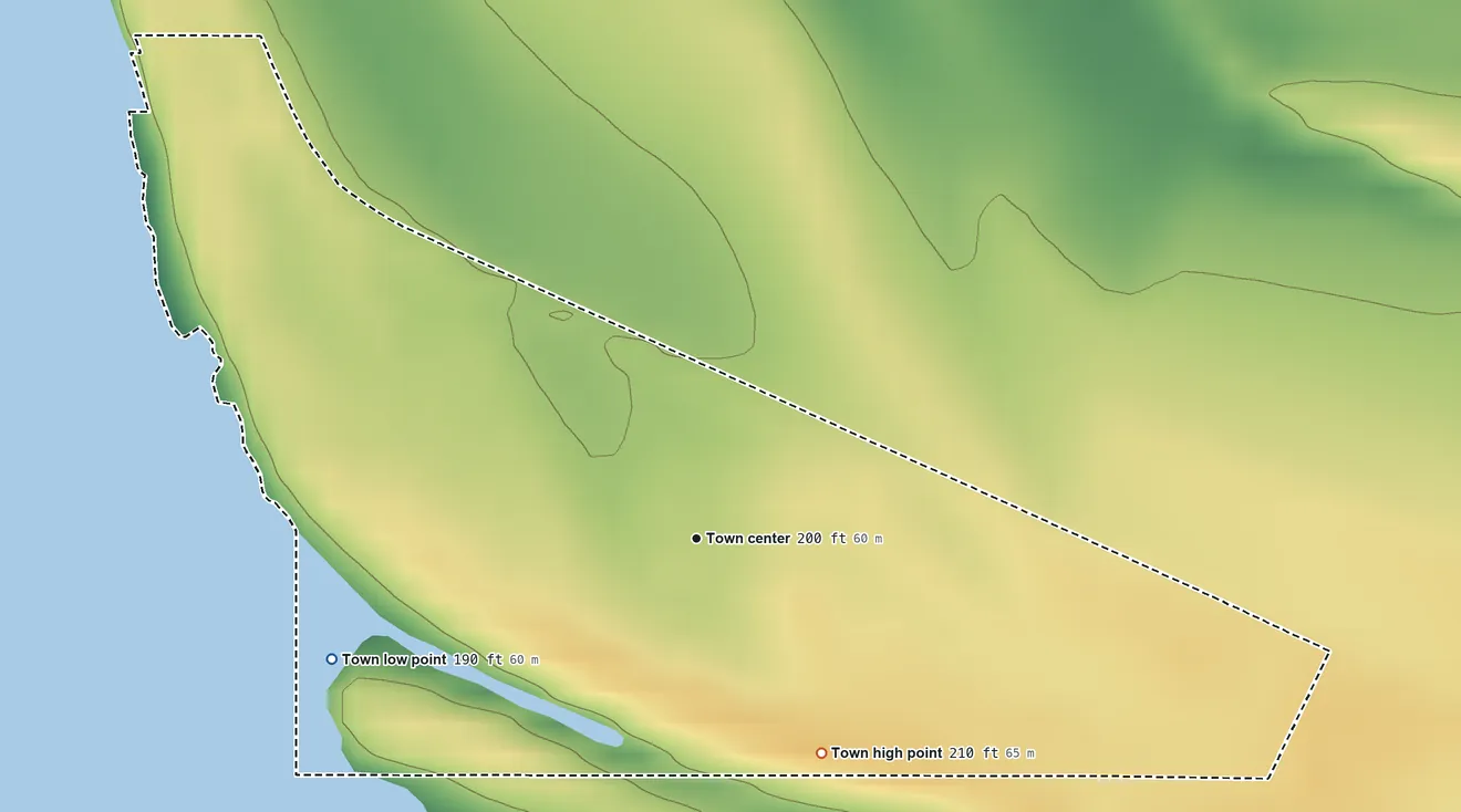 Topographic elevation map of Horseshoe Lake, Arkansas, shaded from 190 ft on the west side to 210 ft on the southeast side