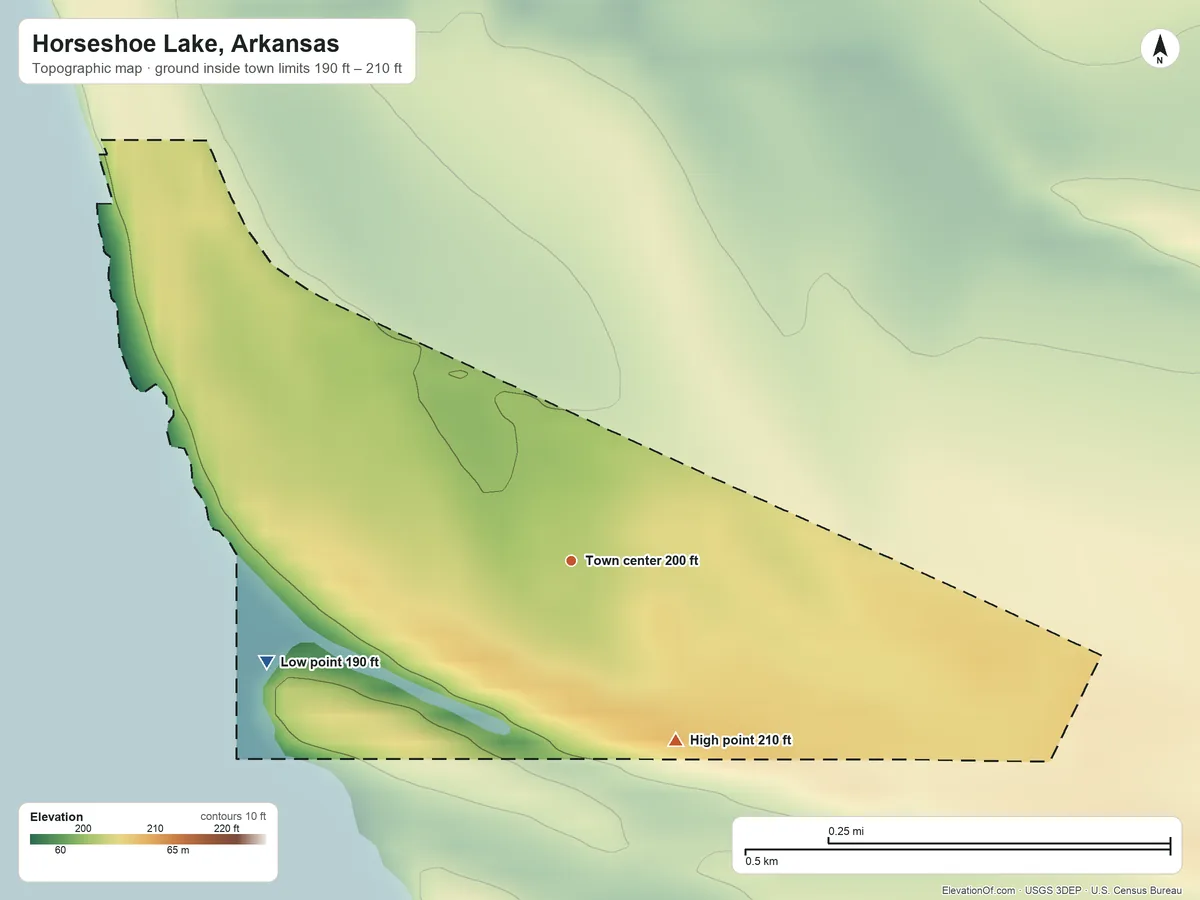 Topographic elevation map of Horseshoe Lake, Arkansas, shaded from 190 ft on the west side to 210 ft on the southeast side