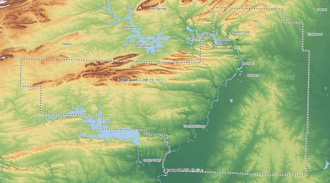 Topographic elevation map of Hot Spring County, Arkansas, shaded from 170 ft on the south side to 1,280 ft on the west side
