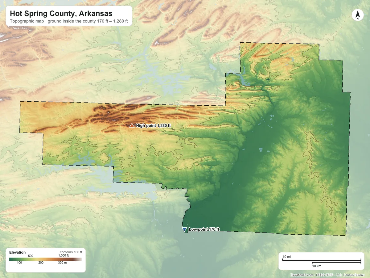 Topographic elevation map of Hot Spring County, Arkansas, shaded from 170 ft on the south side to 1,280 ft on the west side