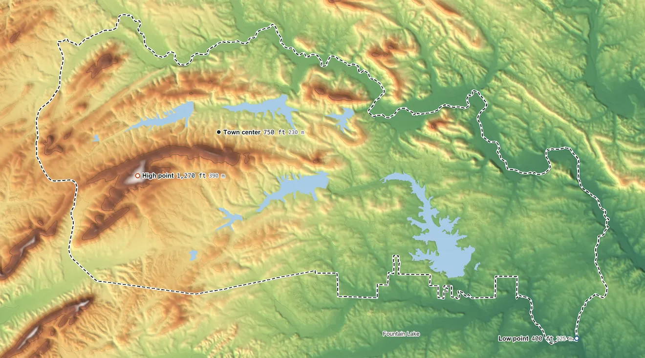 Topographic elevation map of Hot Springs Village, Arkansas, shaded from 400 ft on the southeast side to 1,270 ft on the southwest side