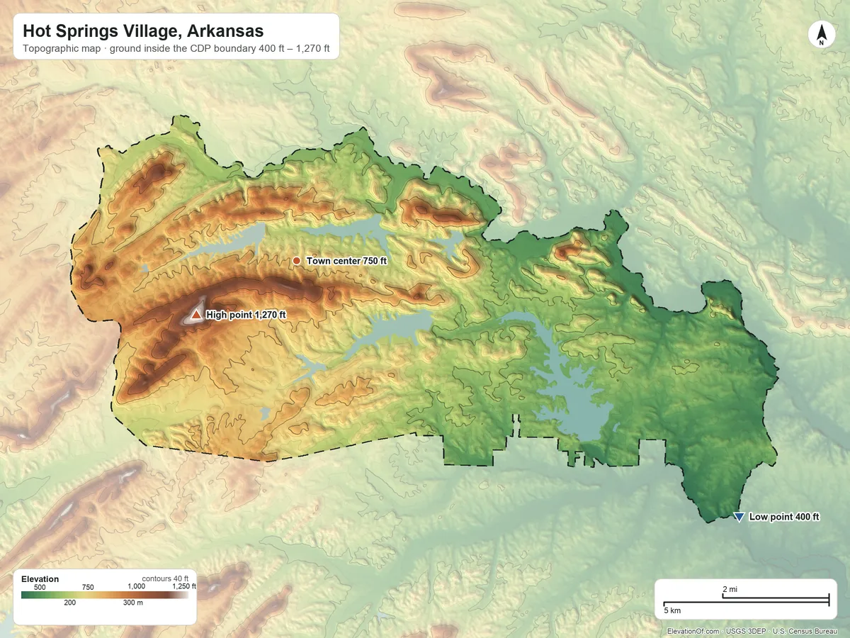 Topographic elevation map of Hot Springs Village, Arkansas, shaded from 400 ft on the southeast side to 1,270 ft on the southwest side