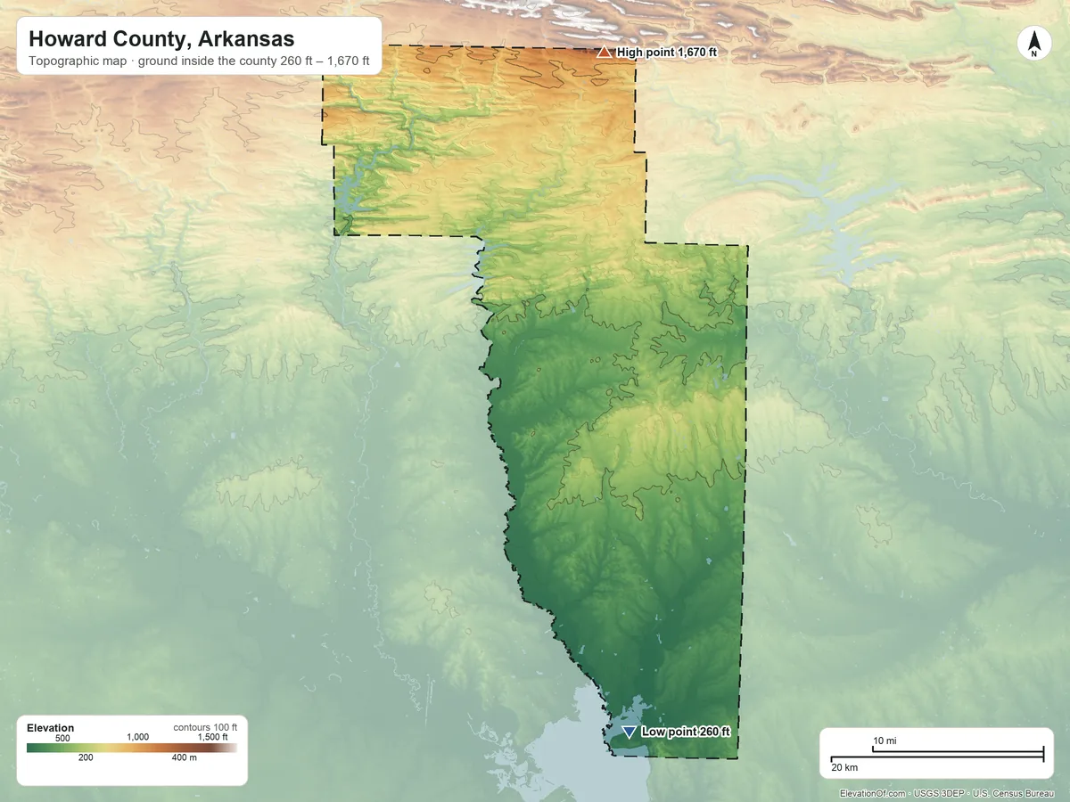 Topographic elevation map of Howard County, Arkansas, shaded from 260 ft on the south side to 1,670 ft on Big Tom Mountain