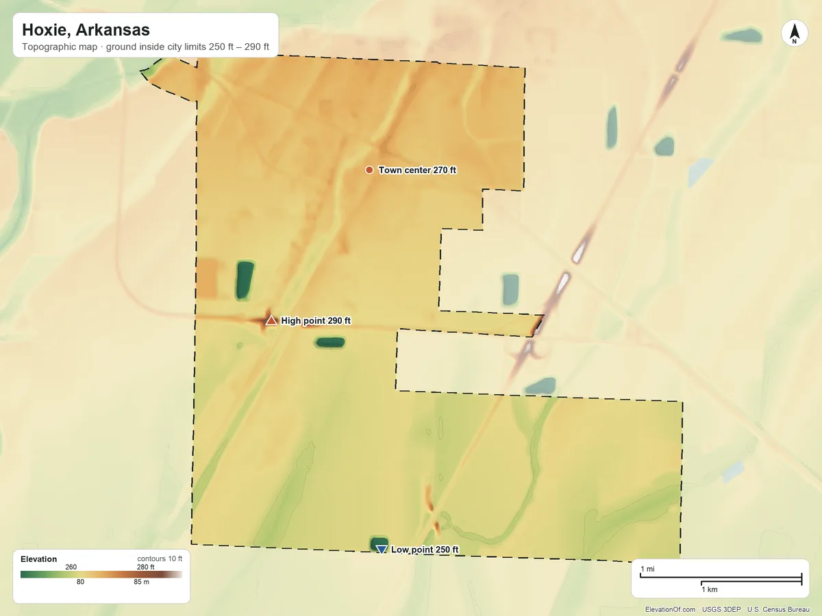 Topographic elevation map of Hoxie, Arkansas, shaded from 250 ft on the south side to 290 ft on the southwest side