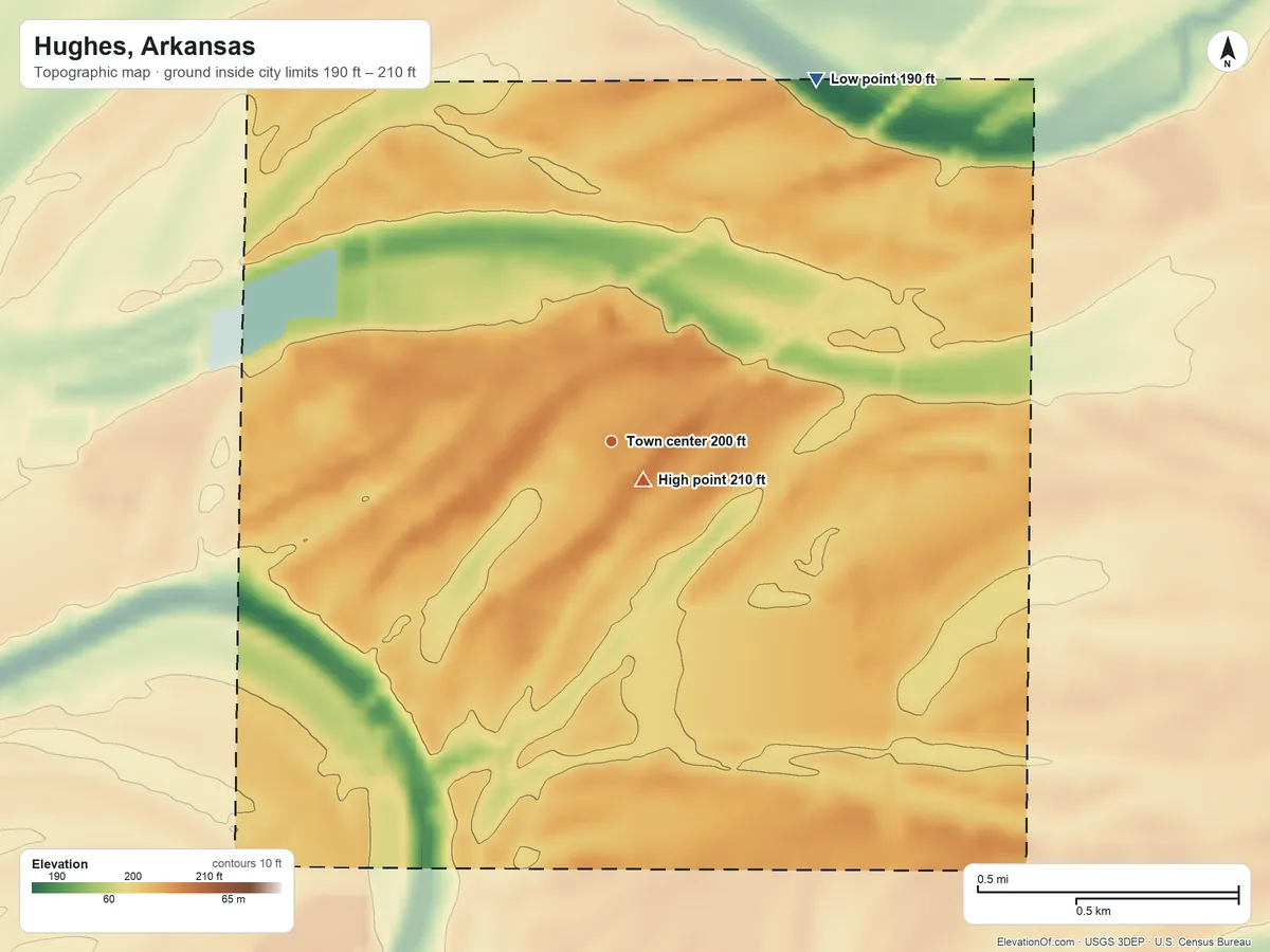 Topographic elevation map of Hughes, Arkansas, shaded from 190 ft on the northeast side to 210 ft near the middle