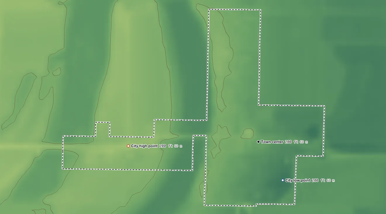 Topographic elevation map of Humnoke, Arkansas, shaded from 200 ft on the southeast side to 200 ft on the west side