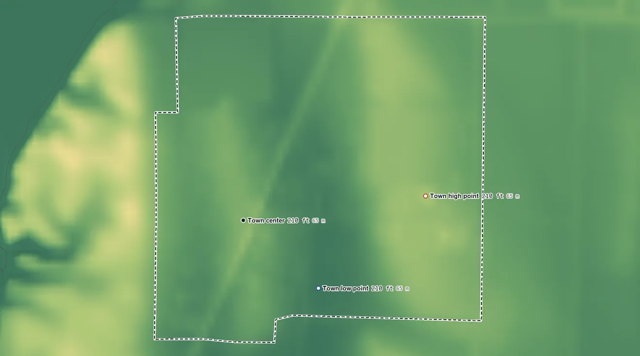 Topographic elevation map of Hunter, Arkansas, shaded from 210 ft on the southeast side to 210 ft on the east side