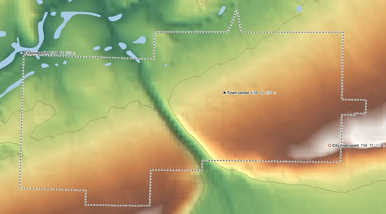 Topographic elevation map of Huntington, Arkansas, shaded from 540 ft on the west side to 750 ft on the southeast side