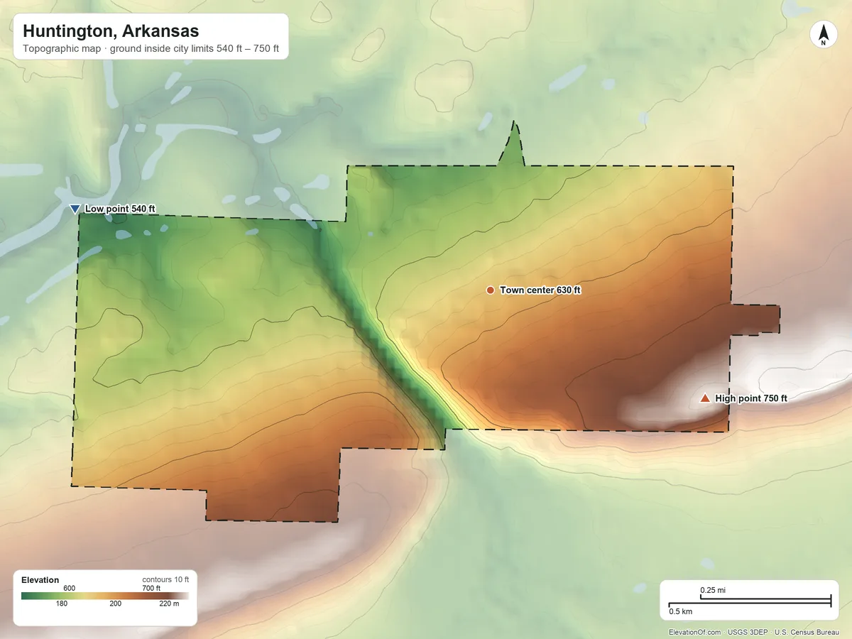 Topographic elevation map of Huntington, Arkansas, shaded from 540 ft on the west side to 750 ft on the southeast side