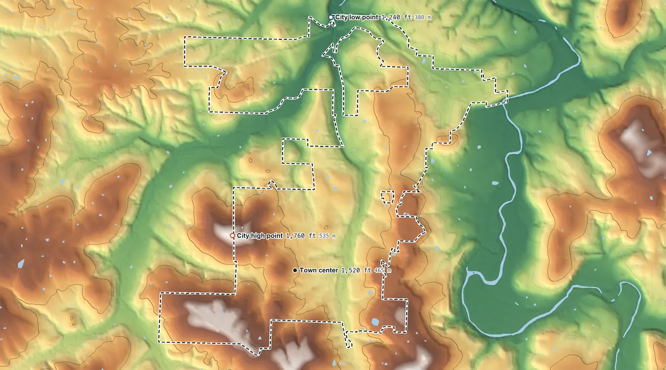 Topographic elevation map of Huntsville, Arkansas, shaded from 1,240 ft on the north side to 1,760 ft on the northwest side