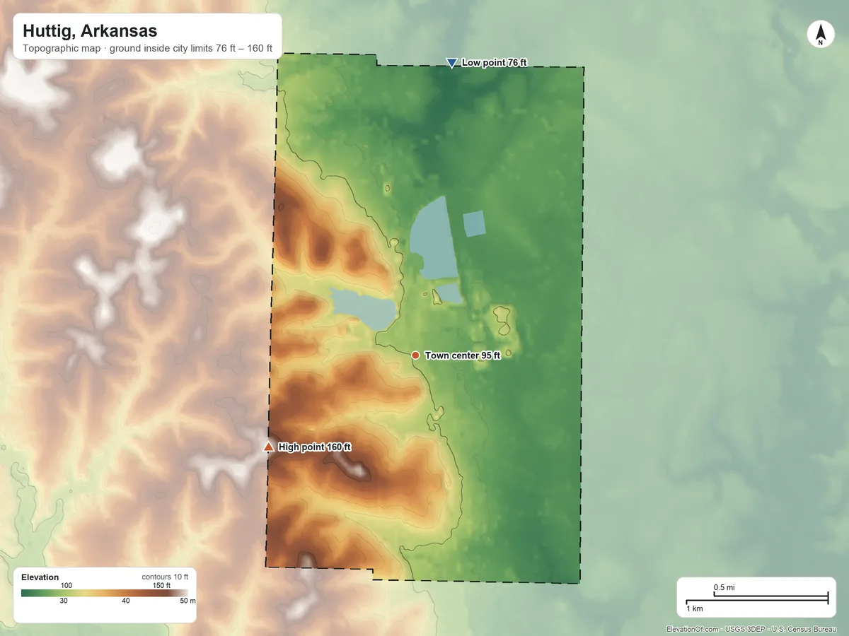Topographic elevation map of Huttig, Arkansas, shaded from 76 ft on the north side to 160 ft on the southwest side