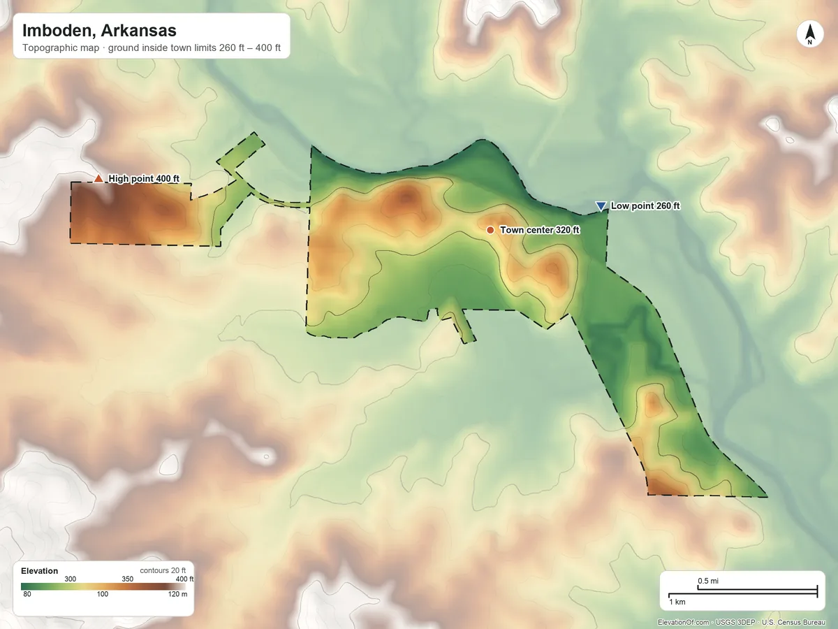 Topographic elevation map of Imboden, Arkansas, shaded from 260 ft on the east side to 400 ft on the west side