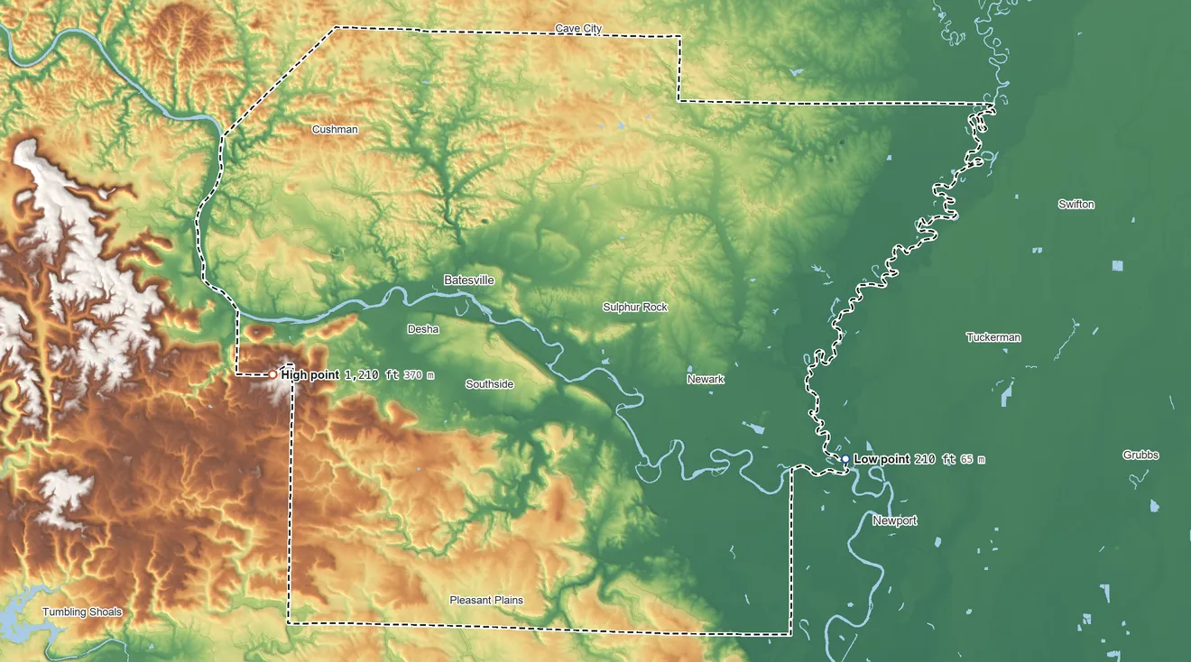 Topographic elevation map of Independence County, Arkansas, shaded from 210 ft on the southeast side to 1,210 ft on the west side