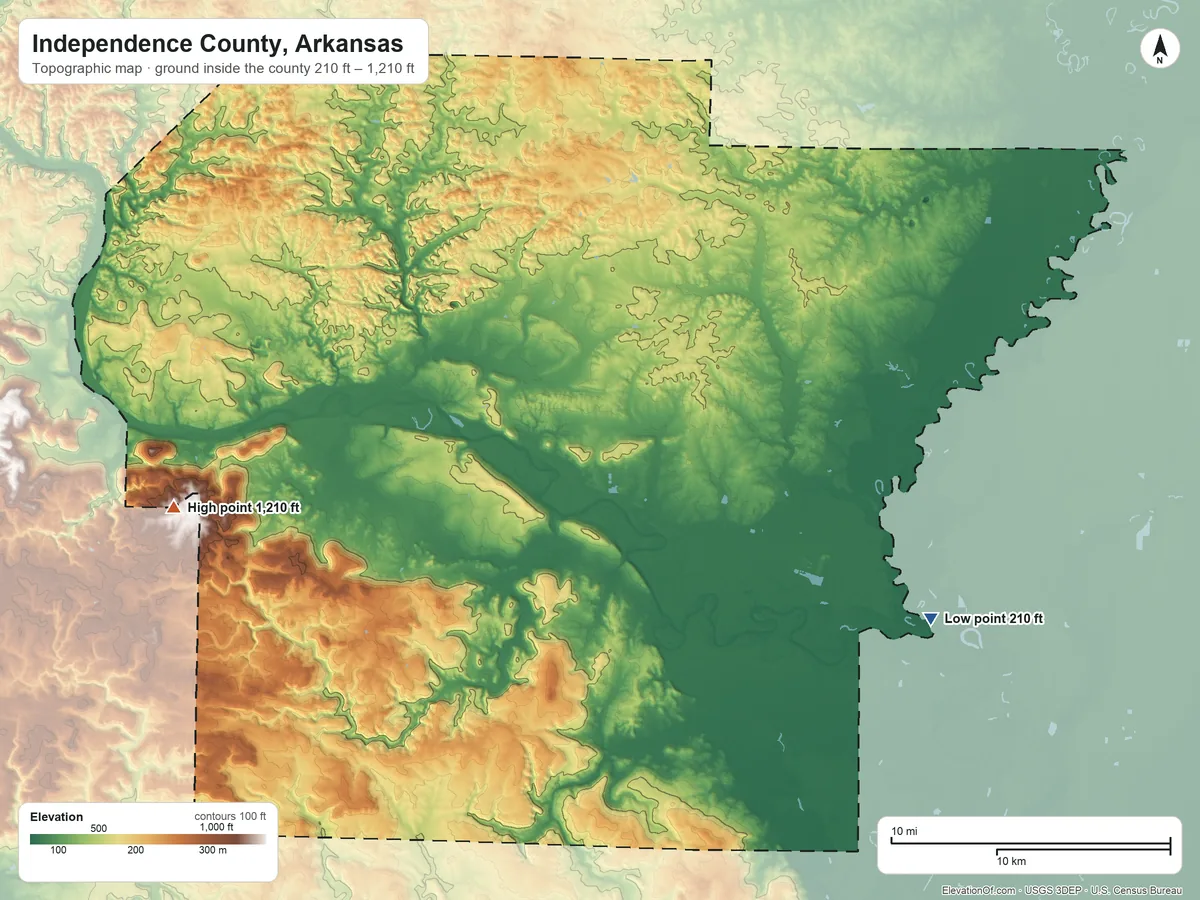 Topographic elevation map of Independence County, Arkansas, shaded from 210 ft on the southeast side to 1,210 ft on the west side