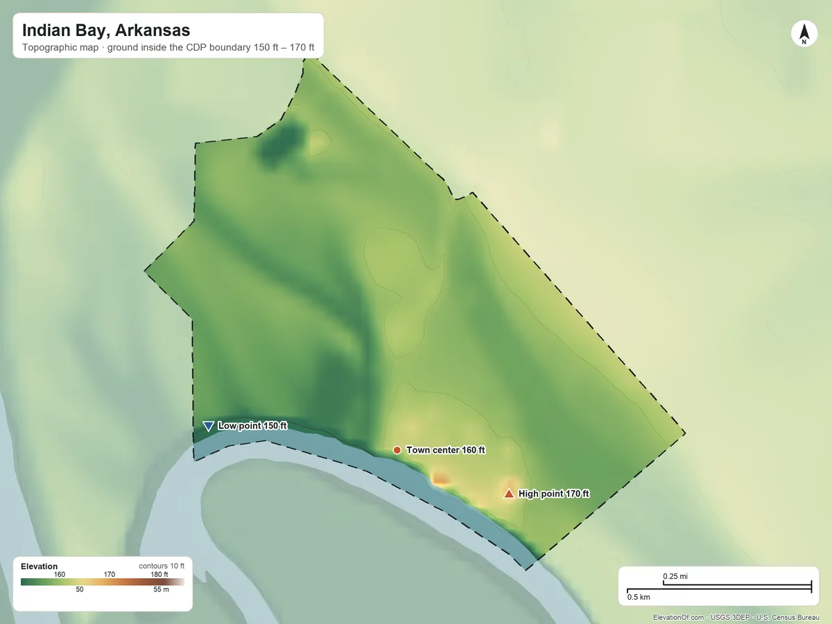 Topographic elevation map of Indian Bay, Arkansas, shaded from 150 ft on the west side to 170 ft on the east side